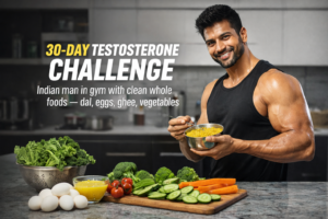 Indian man in gym with clean whole foods — dal, eggs, ghee, vegetables — 30-day testosterone challenge