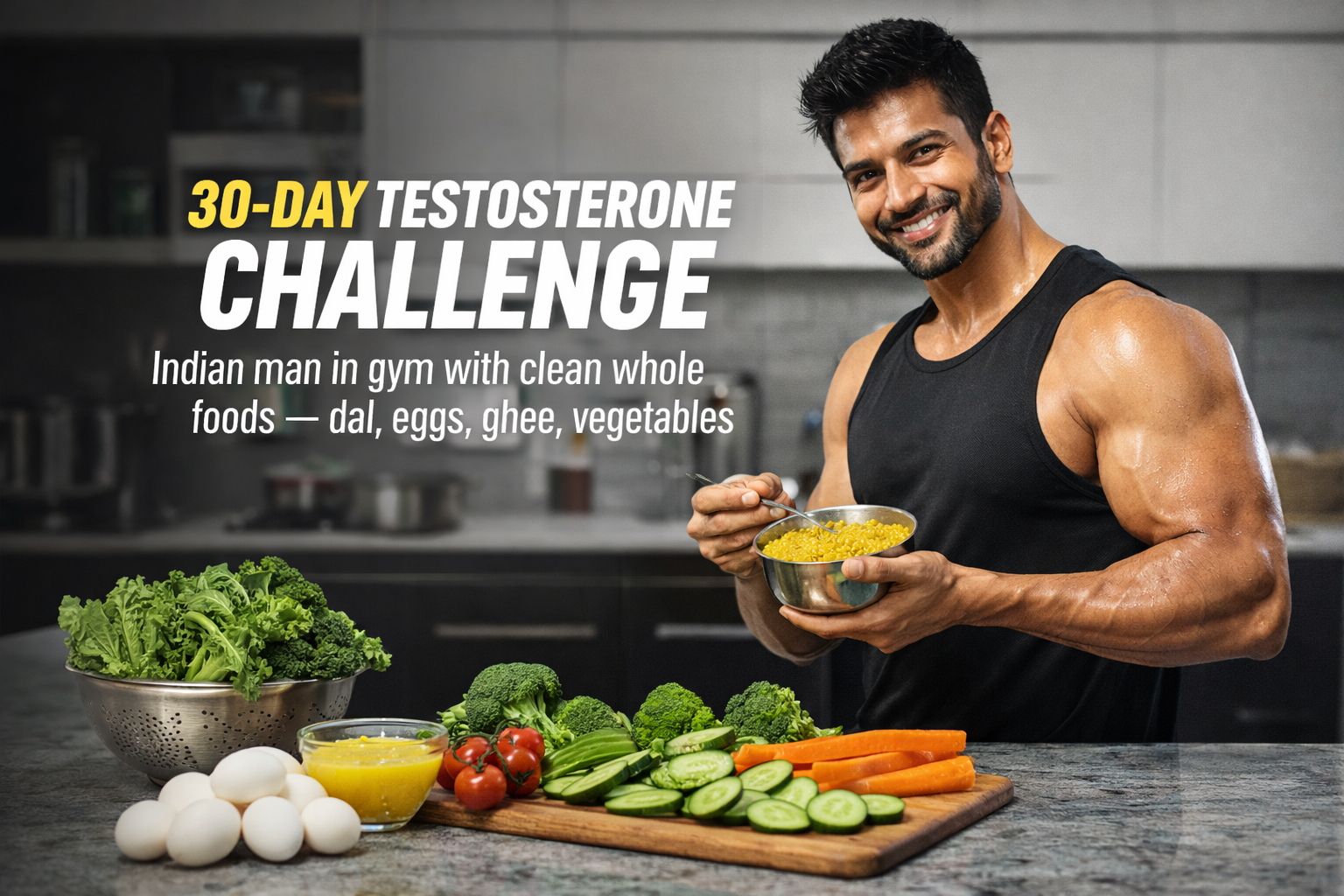 Indian man in gym with clean whole foods — dal, eggs, ghee, vegetables — 30-day testosterone challenge
