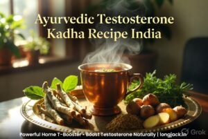 Ayurvedic testosterone kadha recipe India – steaming cup of powerful home T decoction with fresh Ashwagandha, Gokshura, ginger and herbs on traditional Indian brass tray, natural light, motivational men’s health banner for longjack.in