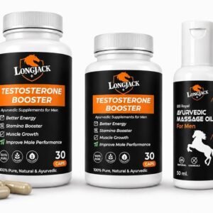 LongJack+ Ayurvedic Testosterone Booster Combo for Men | Herbal Stamina, Energy & Performance Support | 60 Capsules + 50ML Massage Oil