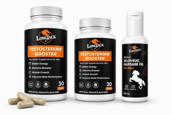 LongJack+ Ayurvedic Testosterone Booster Combo for Men | Herbal Stamina, Energy & Performance Support | 60 Capsules + 50ML Massage Oil