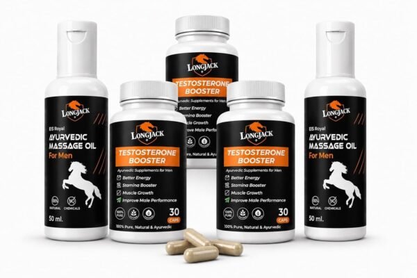 LongJack+ Ayurvedic Testosterone Booster Combo for Men | Herbal Stamina, Energy & Performance Support | 90 Capsules + 100ML Massage Oil | 45 Days Pack