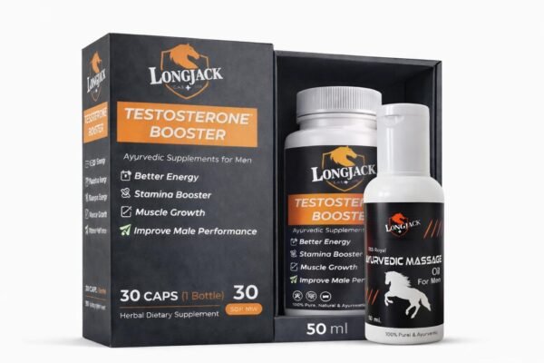 LongJack+ Men’s Wellness Combo Pack – 30 Herbal Stamina Booster Capsules with 50ml Ayurvedic Massage Oil