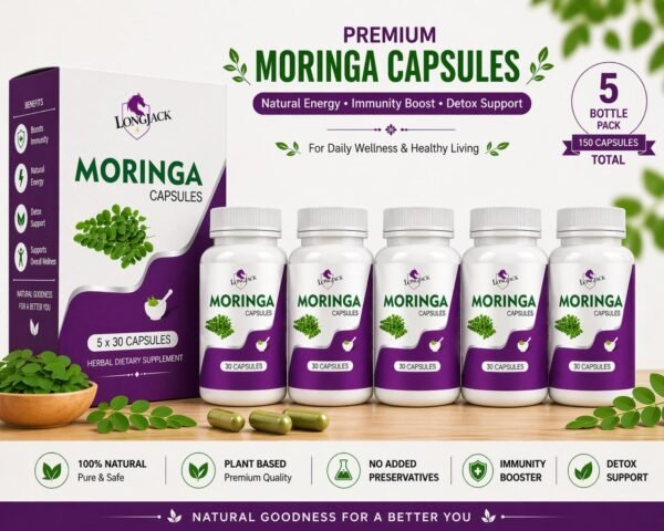 LongJack+ Premium Moringa Capsules | Daily Herbal Support for Vitality, Endurance & Wellness (Pack of 5)