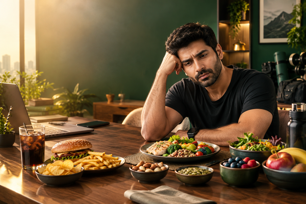 Man feeling tired after eating unhealthy foods, showing how diet can sabotage energy levels